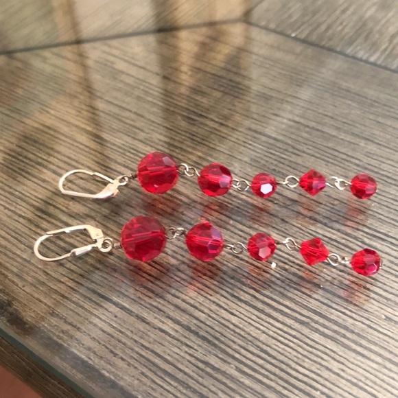 Vintage Red Cut Crystal Sterling Silver Lever Back Earrings Long Dangle - Picture 15 of 16